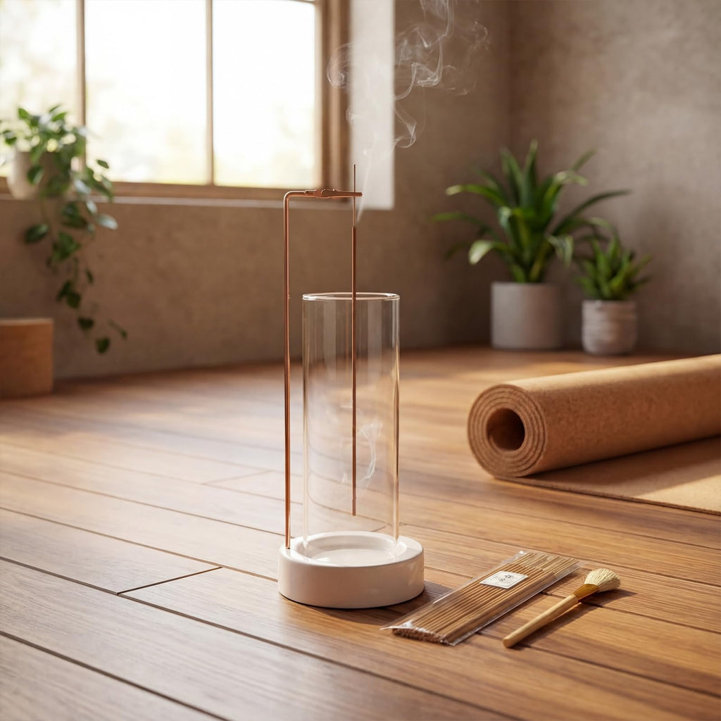 Ceremony Incense Holder, Wooden Incense Holder for Sticks with Glass Ash Catcher, Anti-ash Incense Burner with 20 Incense Sticks and a Ash Brush for Meditation Yoga Spa Room Decor