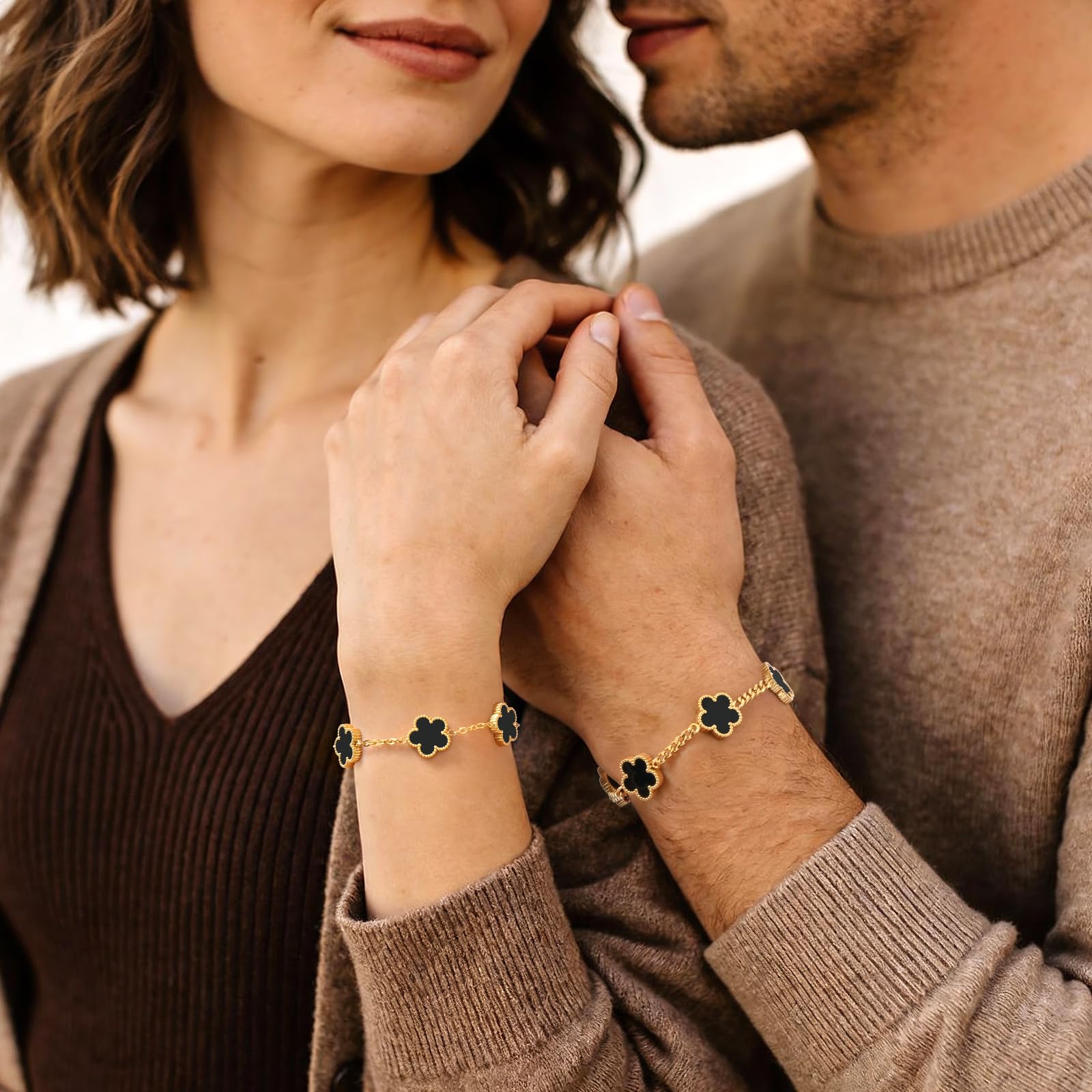 VNOX 2 PCS Floral Bracelets for Men Women -Womens Mens Stainless Steel Gold Cuban Chain Link Bracelet Lucky Charm Four Clover Flower Bracelets Trendy Jewelry Gifts