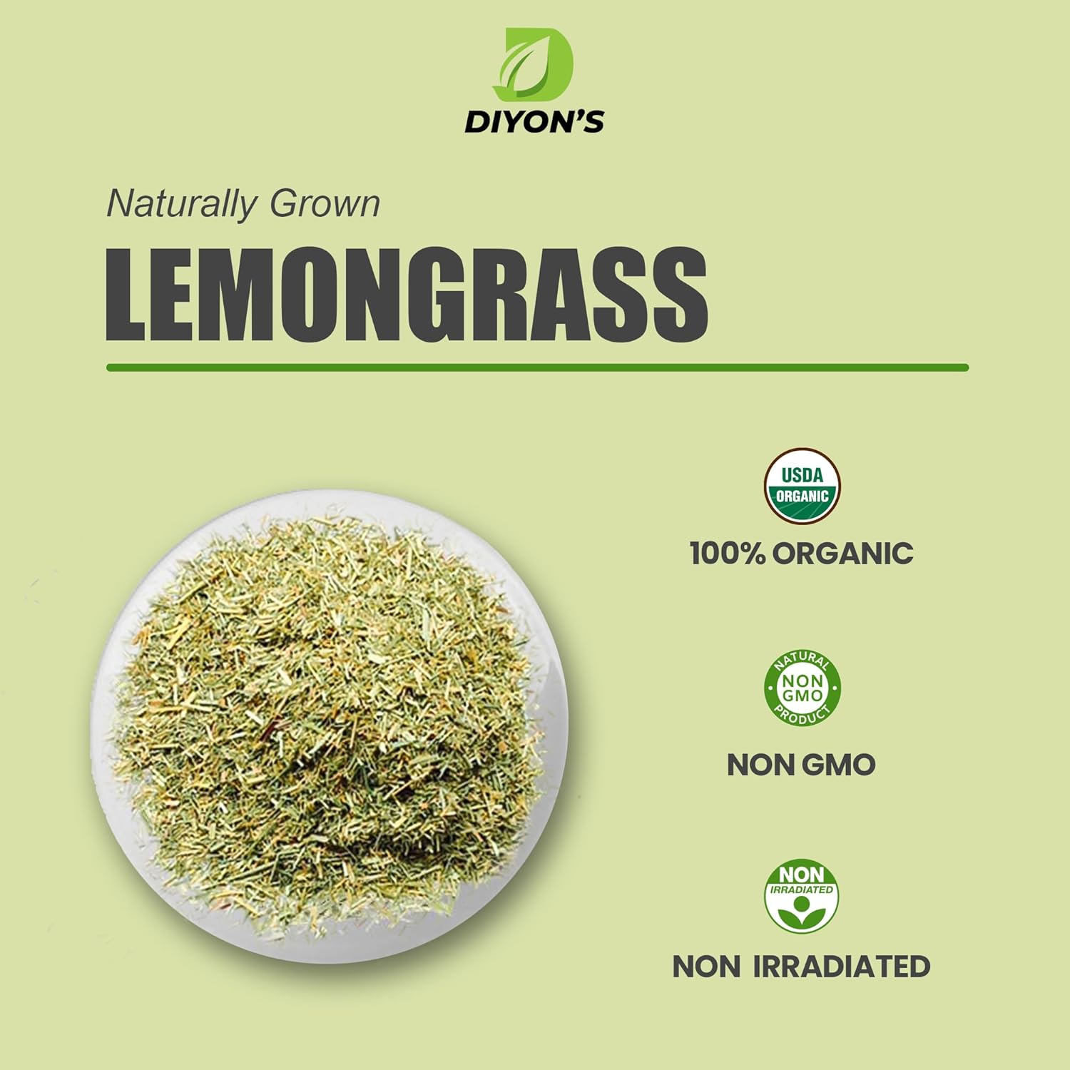 Diyon's dried lemon grass cut 1 oz (28g) with stand up resealable pouch.