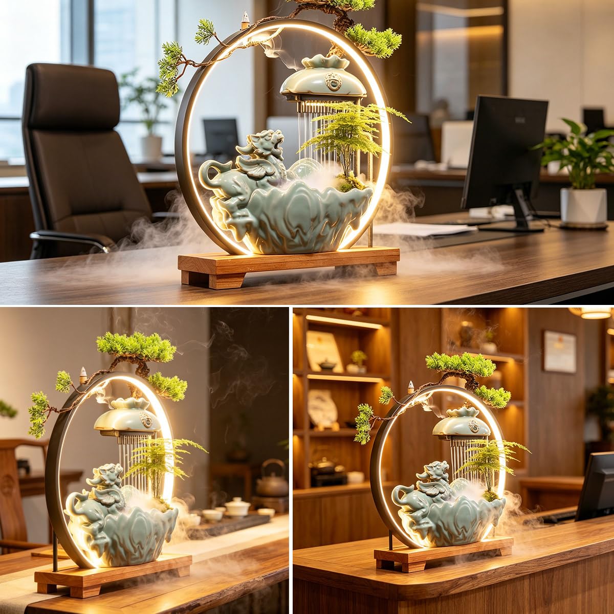 Waterfall Fountain Indoor with Mist, Tabletop Water Fountain,Desk Chinese Ceramic Pixiu Statue with LED Light Ring and Backflow Incense Burner Holder