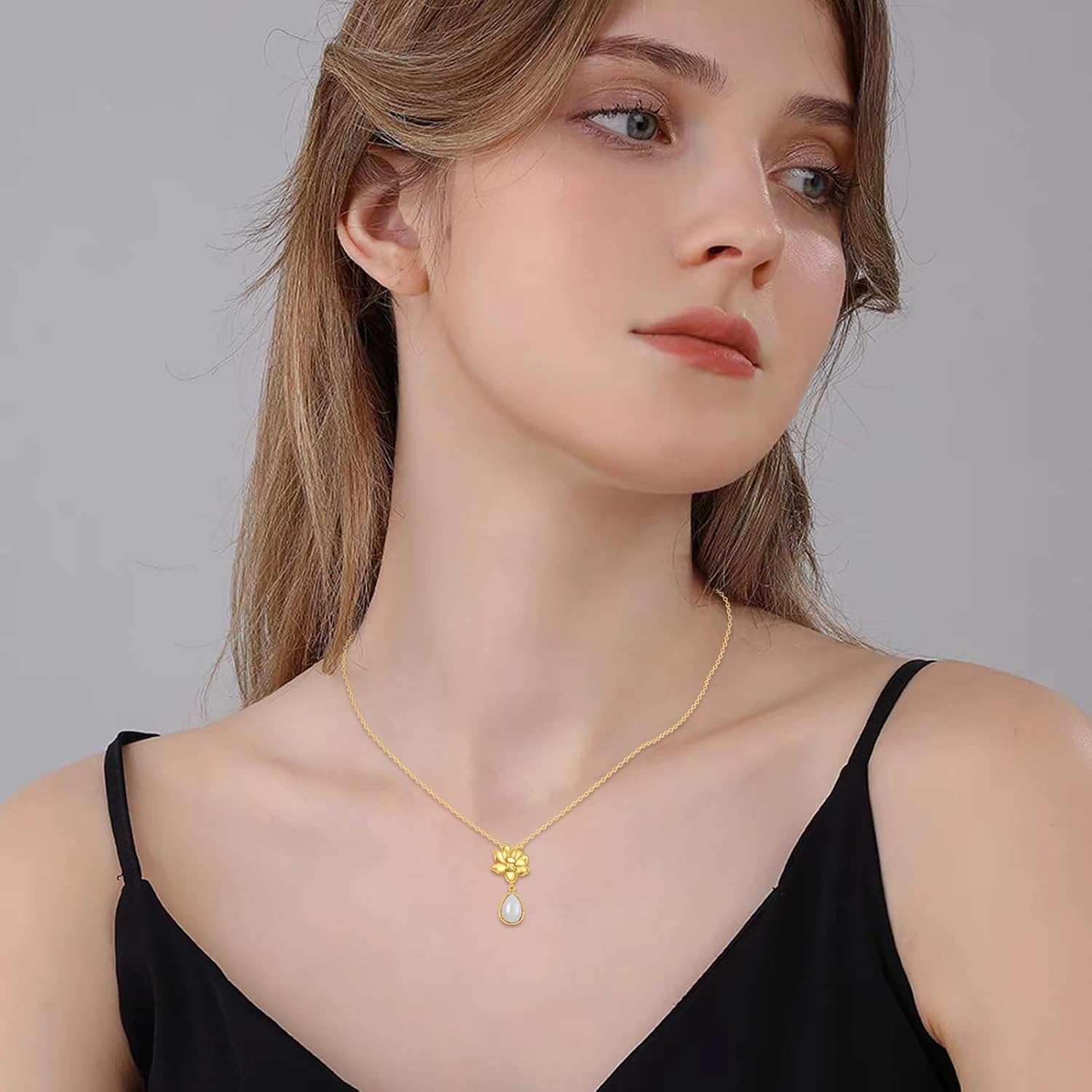 KECHO 14K Gold Lotus Flower Necklace Delicate Lotus Flower Chalcedony Pendant Jewelry for Women Birthday Valentines Day Gifts for Her Mom Wife