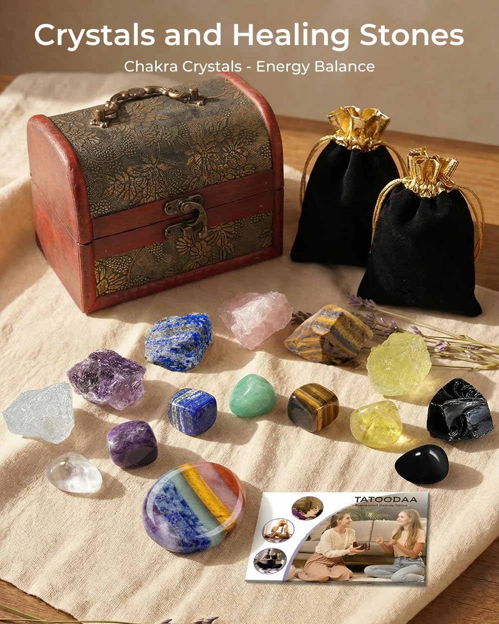 Crystals and Healing Stones, 9 Pcs Healing Crystals Set, 7 Chakra Crystal Stones Set Real Natural Selenite Pyramid Reiki Raw Rock Energy Protection Meditation with Wooden Box, Crystal Gifts for Women