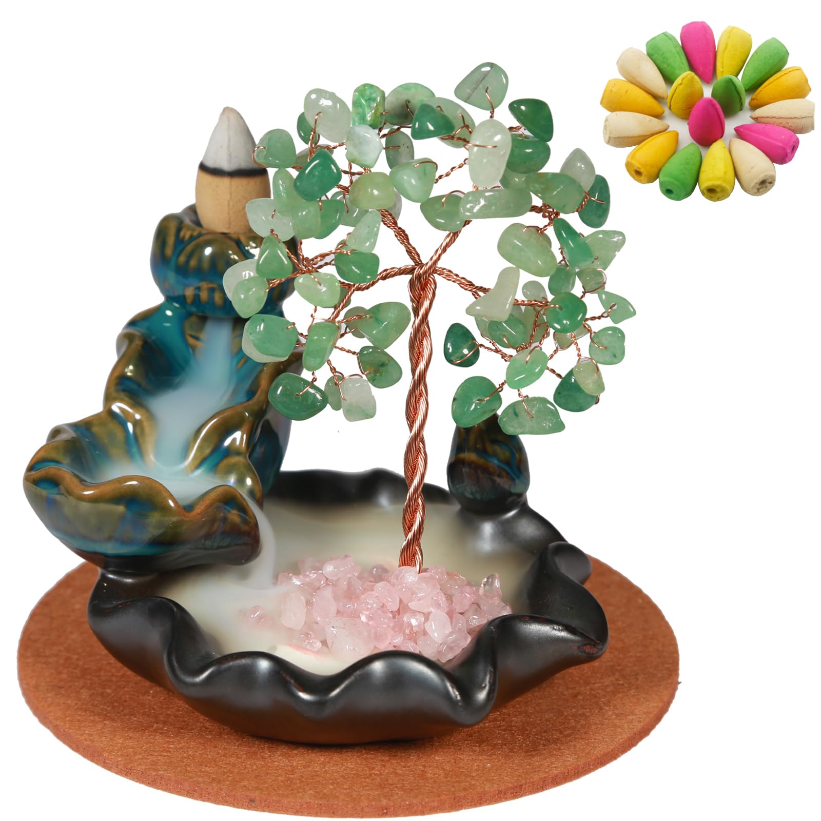 Waterfall Burner, Crystal Tree Backflow Incense Holder, with 30 Incense Cones, 30 Incense Stick, 1 Healing Crystal Necklace, Aromatherapy Anxiety Relief Items, Mom Gifts for Christmas