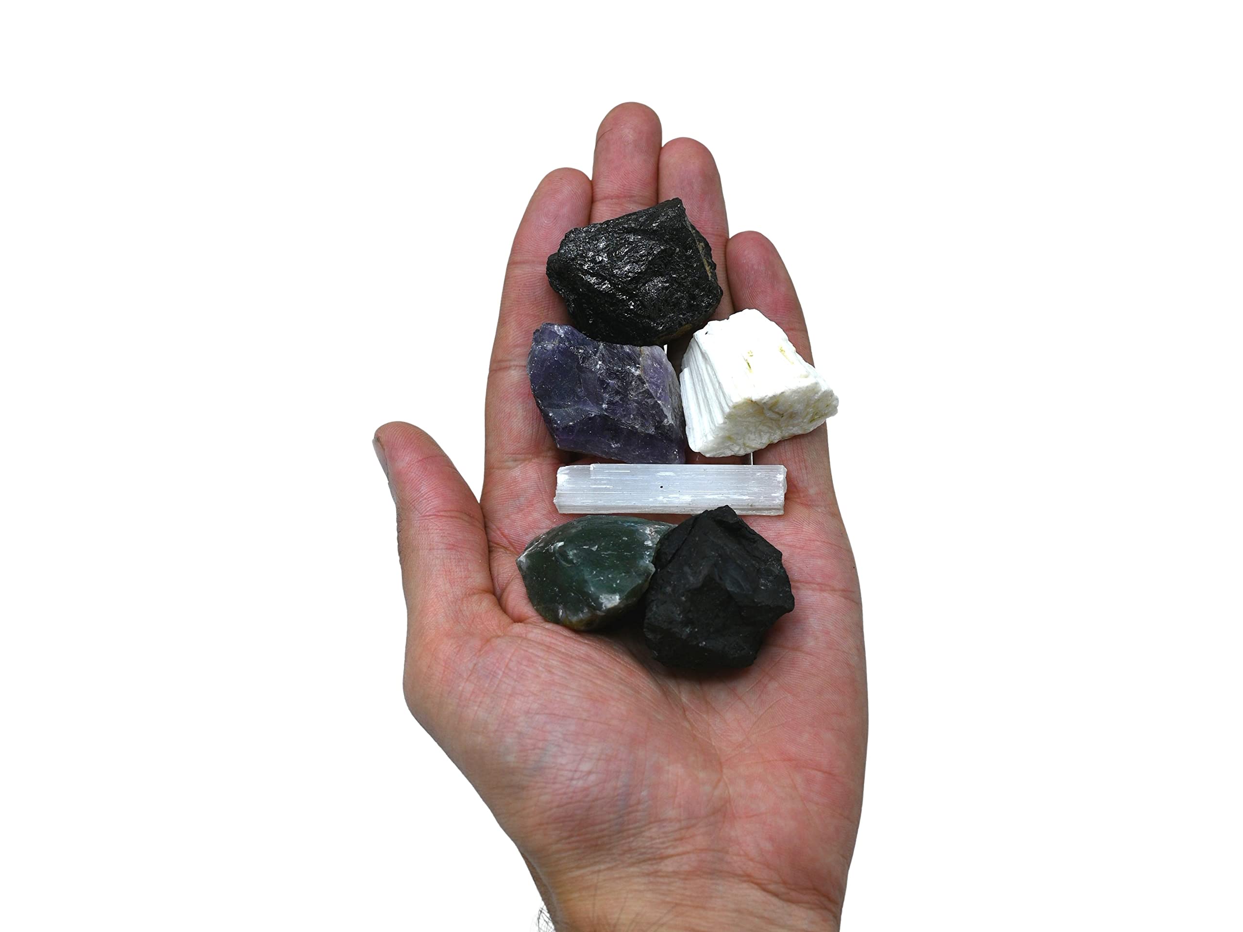 Amazing Gemstone Crystals for House Protection Manifestation, Set of 6 Amethyst, Scolecite, Shungite, Black Tourmaline, Selenite and Moss Agate Healing Crystals and Stones