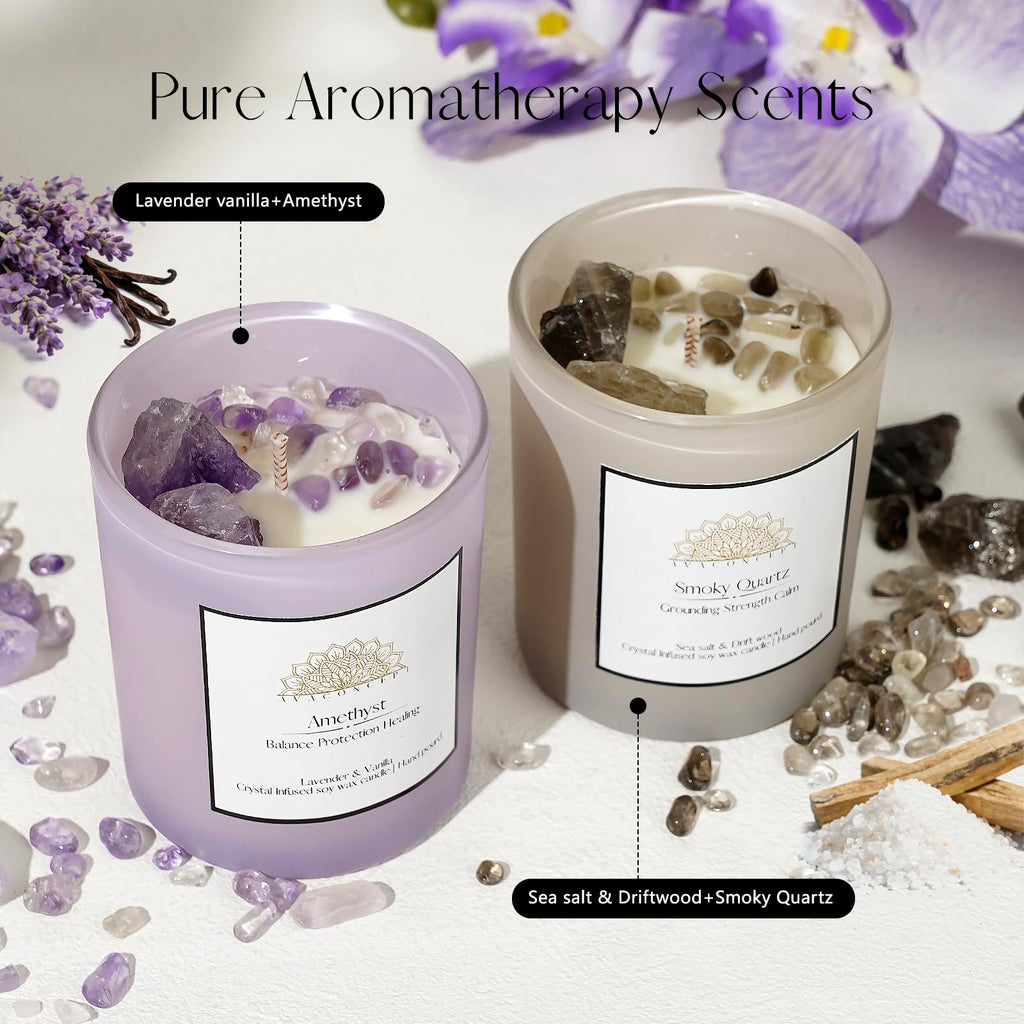AVACONCEPT Crystal Infused Soy Wax Candle Gift Set Aromatherapy Scented Candles with Healing Crystals Natural Hand-Poured Luxury for Relaxation & Home Décor (Sunstone & Amethyst & Amazonite)