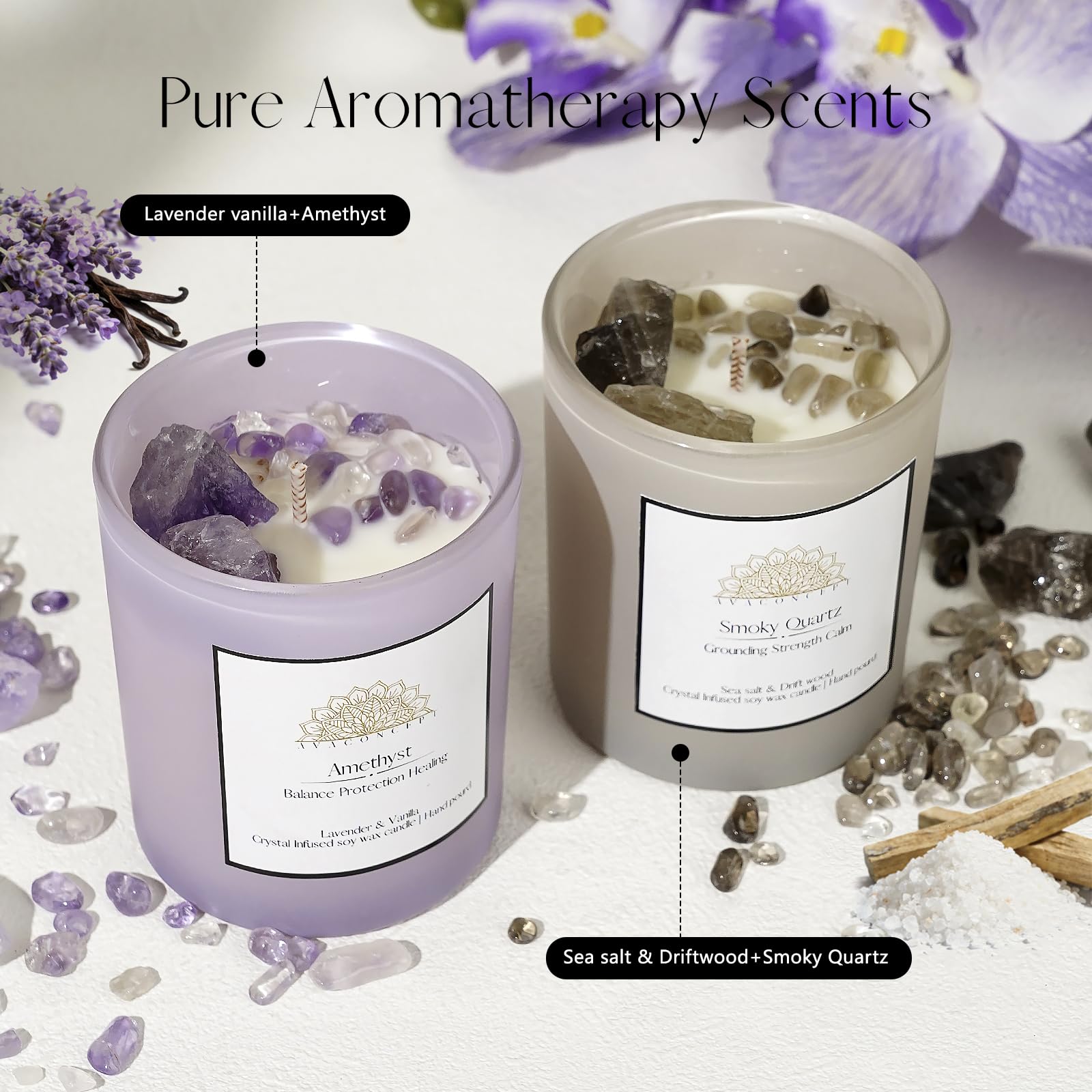 AVACONCEPT Crystal Infused Soy Wax Candle Gift Set Aromatherapy Scented Candles with Healing Crystals Natural Hand-Poured Luxury for Relaxation & Home Décor (Sunstone & Amethyst & Amazonite)