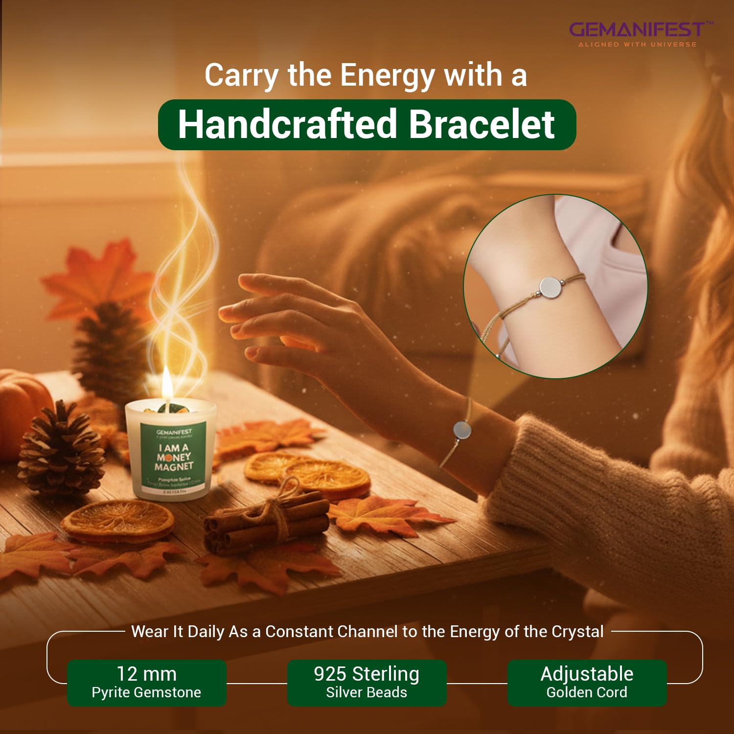 Money Manifestation Candle with Pyrite Bracelet for Wealth Prosperity and Success Pumpkin Spice Soy Candles for Office Home Scented Prosperity Crystal Candle Gifts for Men Women