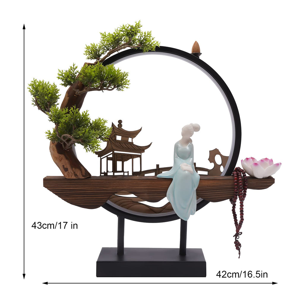Backflow Incense Holder, Ceramic Incense Burner with Adjustable LED Light, Chinese Style Ornament Incense Holders with Backflow for Relaxing and Home Decor