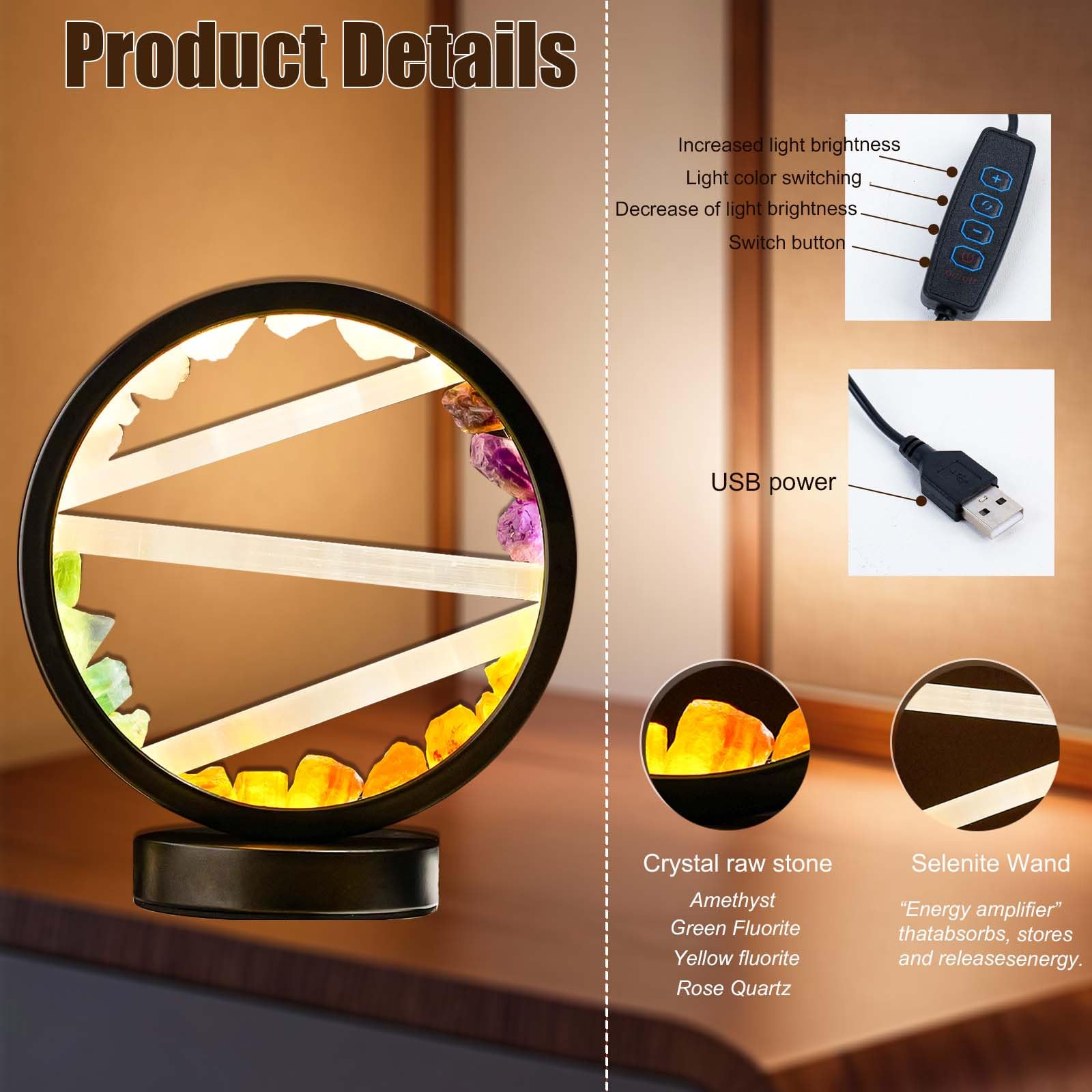 Runyangshi Amethyst Night Lamp 8.6" Natural Healing Crystal Bedside Lamp USB Port 3 Colours Dimming Mode Bedroom Lamp Suitable Night Light for Living Room Bedroom Office Home Decor Ideal Gift