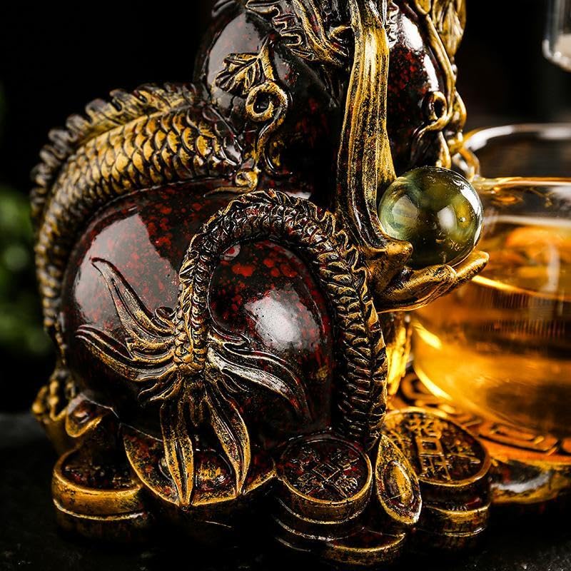 Glass Teapot Set with Infuser Semi Automatic Dragon Tea Set with 6 Small Cups (red golden dragon-b)