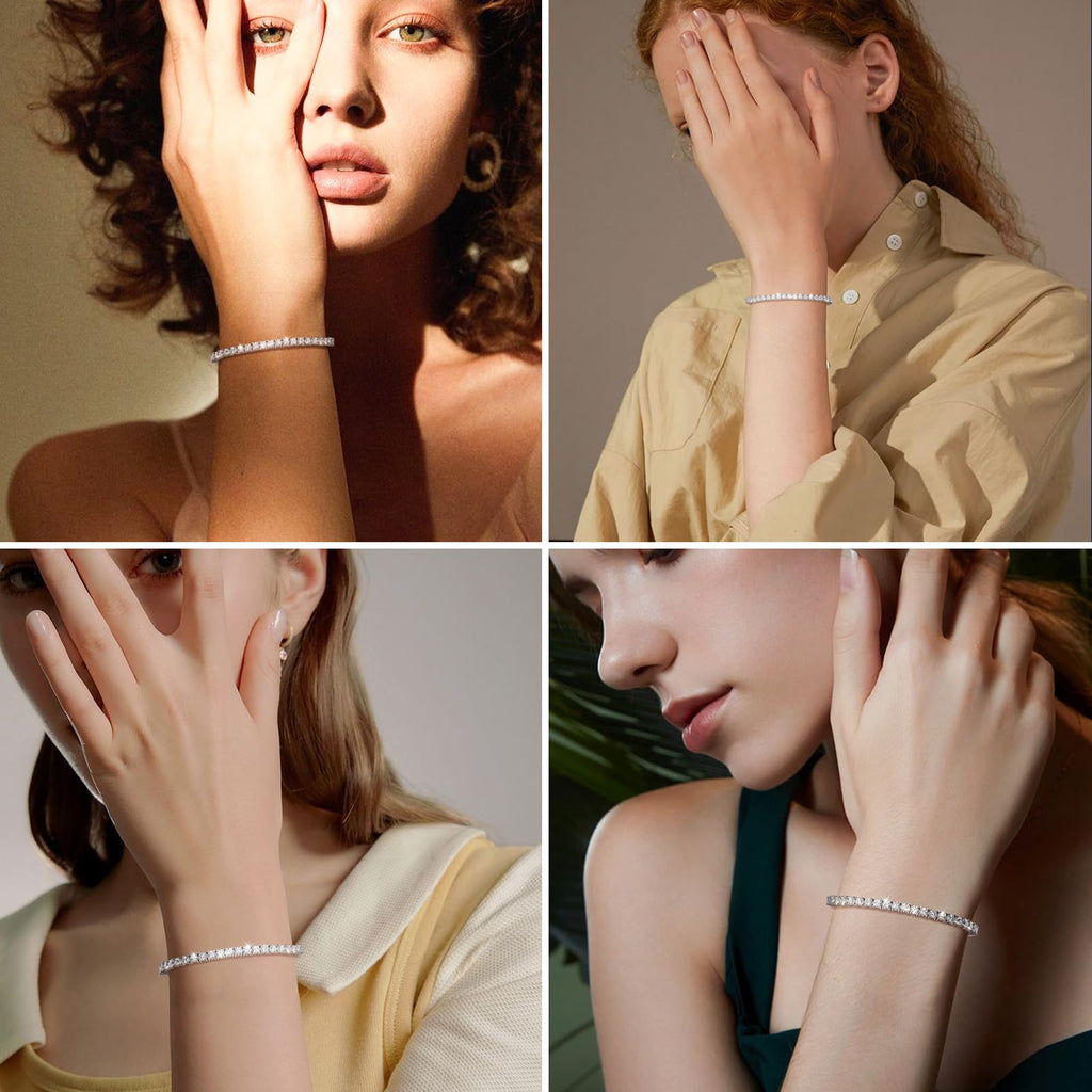 Moissanite Tennis Bracelet 1.79ct-8.69ct Adjustable Bracelet for Women 18K White Gold Plated S925 Sterling Silver Tennis Bracelet D Color VVS1 Round Cut 2/3/4mm Moissanite Bracelet Gifts for Wife/Mom