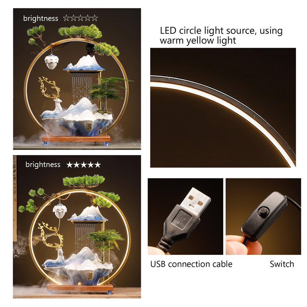 Waterfall Fountain Indoor with Mist, Tabletop Water Fountain,Desk Chinese Ceramic Pixiu Statue with LED Light Ring and Backflow Incense Burner Holder