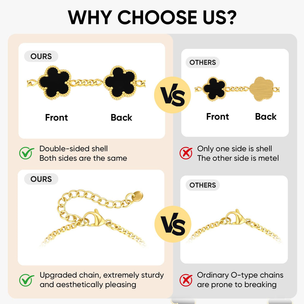 VNOX 2 PCS Floral Bracelets for Men Women -Womens Mens Stainless Steel Gold Cuban Chain Link Bracelet Lucky Charm Four Clover Flower Bracelets Trendy Jewelry Gifts