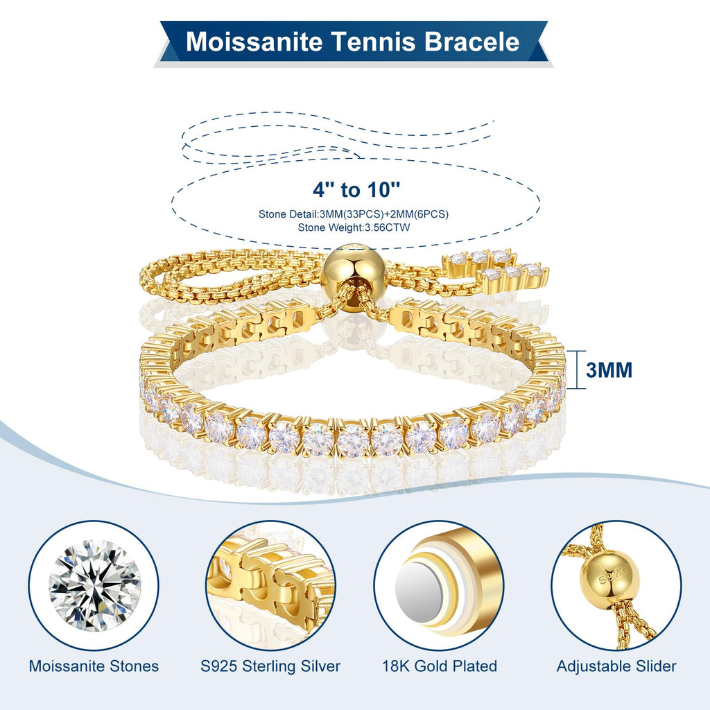 Moissanite Tennis Bracelet 1.79ct-8.69ct Adjustable Bracelet for Women 18K White Gold Plated S925 Sterling Silver Tennis Bracelet D Color VVS1 Round Cut 2/3/4mm Moissanite Bracelet Gifts for Wife/Mom