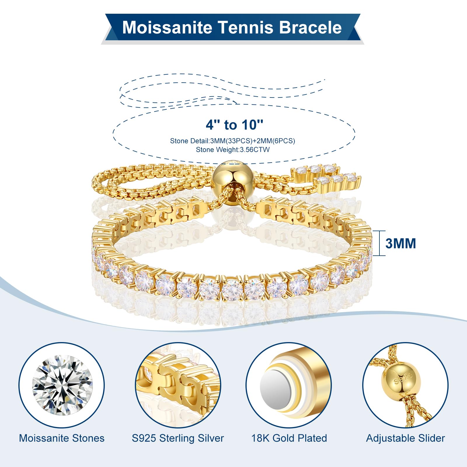 Moissanite Tennis Bracelet 1.79ct-8.69ct Adjustable Bracelet for Women 18K White Gold Plated S925 Sterling Silver Tennis Bracelet D Color VVS1 Round Cut 2/3/4mm Moissanite Bracelet Gifts for Wife/Mom