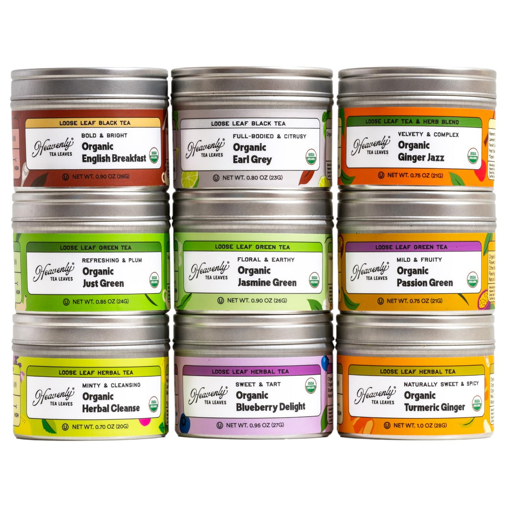 Heavenly Tea Leaves Organic 9 Flavor Variety Pack, Loose Leaf Tea Sampler Gift Set (Approx. 90 Cups) | Assorted Green Black White Herbal Teas, Premium Whole Leaf Collection, Gourmet Box for Tea Lovers | Sampler, Great Iced or Hot, High to No Caffeine