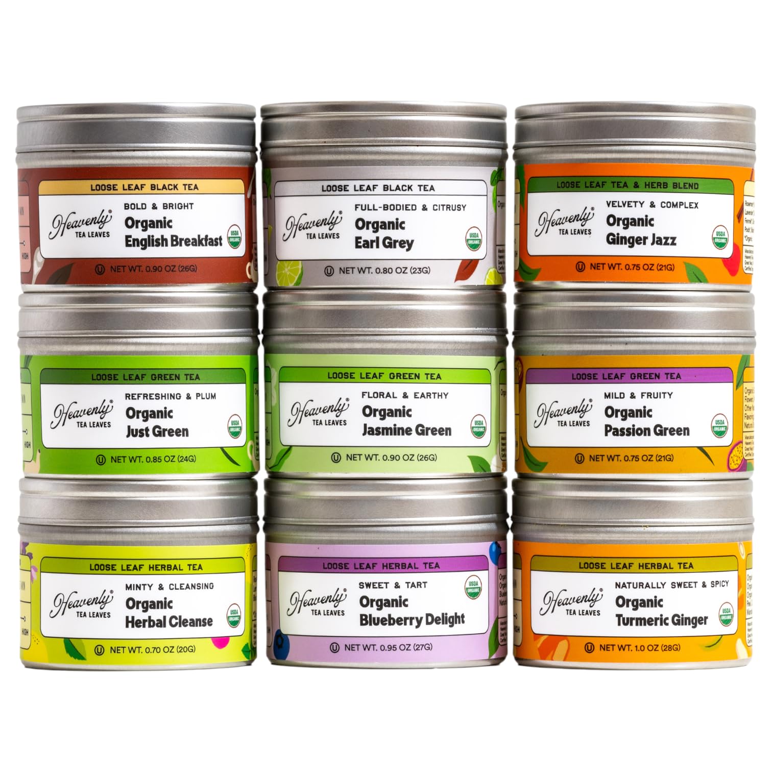 Heavenly Tea Leaves Organic 9 Flavor Variety Pack, Loose Leaf Tea Sampler Gift Set (Approx. 90 Cups) | Assorted Green Black White Herbal Teas, Premium Whole Leaf Collection, Gourmet Box for Tea Lovers | Sampler, Great Iced or Hot, High to No Caffeine