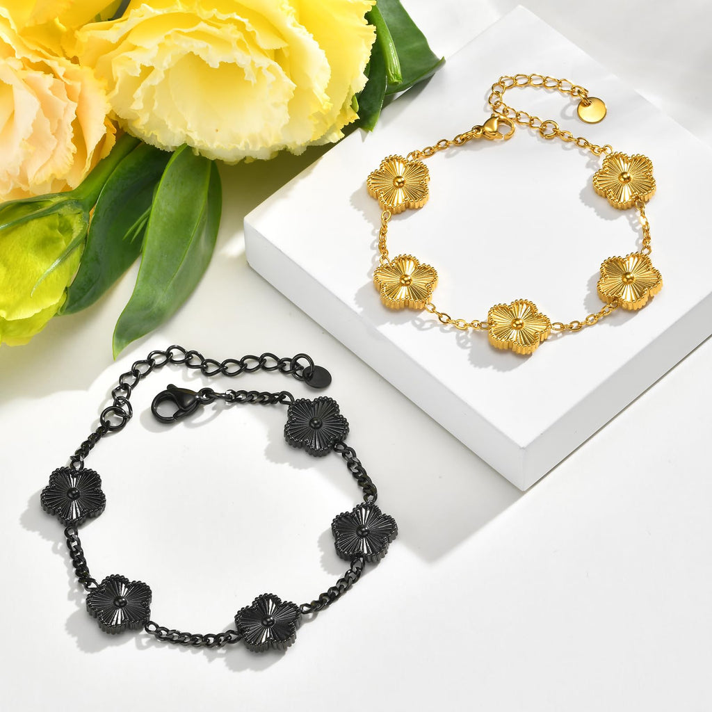 VNOX 2 PCS Floral Bracelets for Men Women -Womens Mens Stainless Steel Gold Cuban Chain Link Bracelet Lucky Charm Four Clover Flower Bracelets Trendy Jewelry Gifts