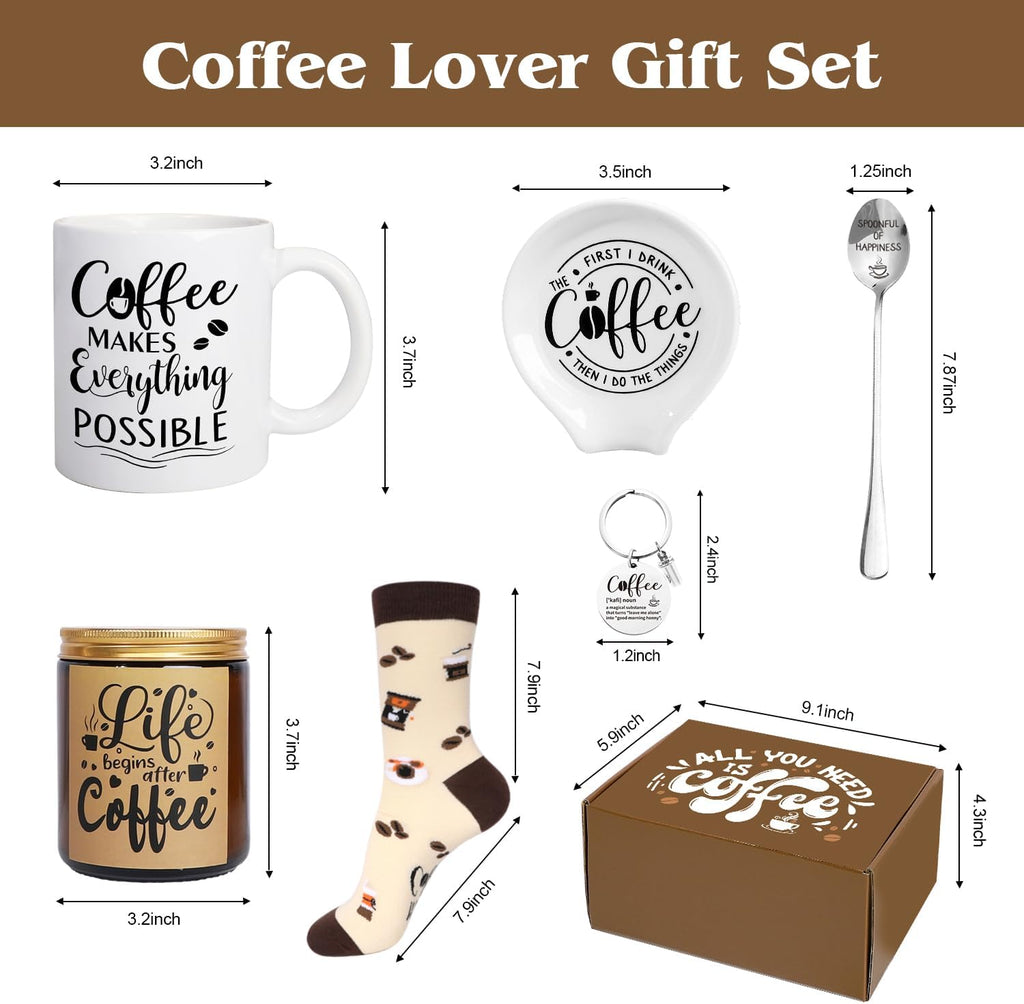 iAOVUEBY Coffee Gifts, 6PCS Coffee Gift Basket, Coffee Lover Gift Set Includes Coffee Mug Spoon Rest Holder Coffee Socks Keychain, Birthday Christmas Gift for Women Men Coffee Lover Friends