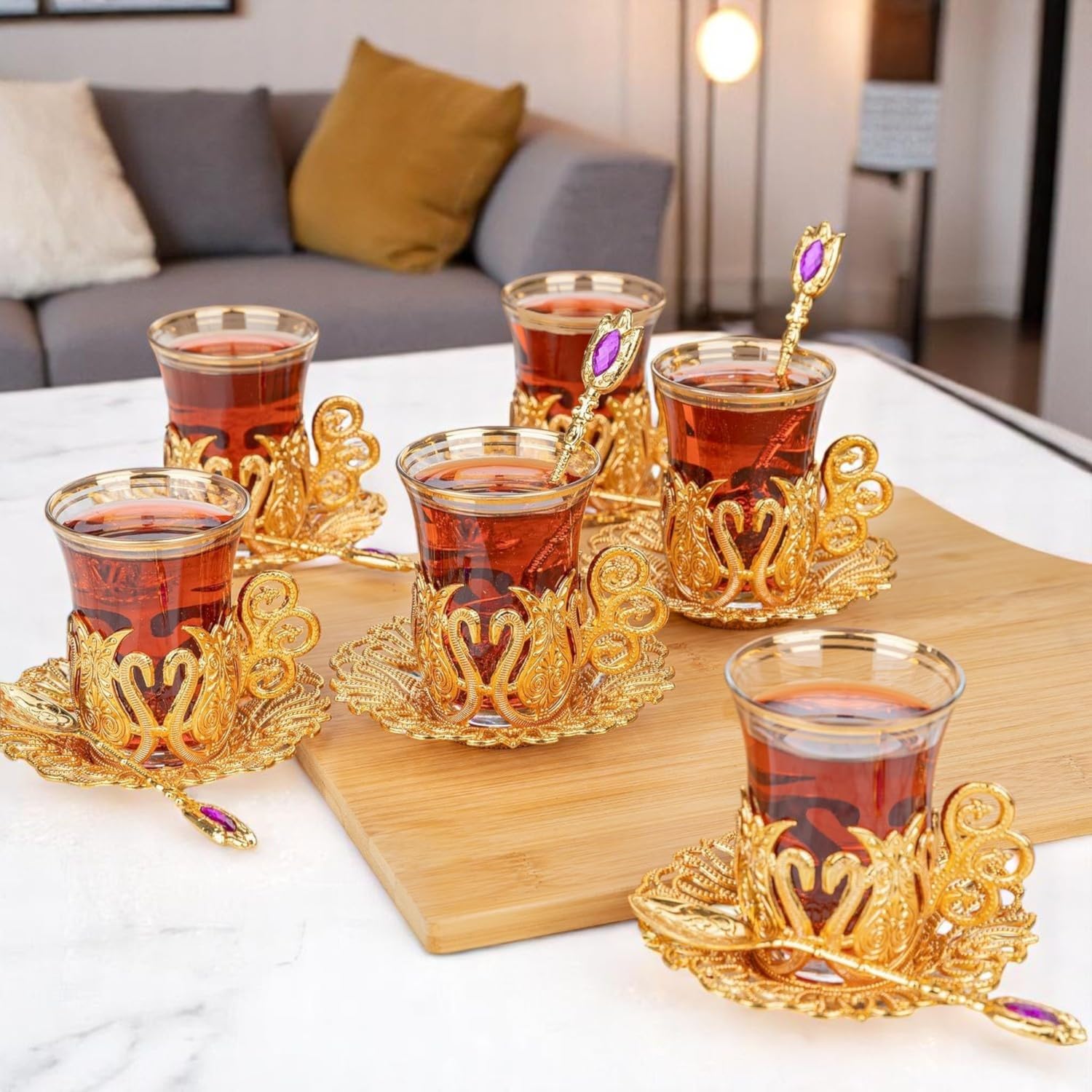 Alisveristime (SET OF 6 Handmade Turkish Tea Water Zamzam Serving Set Glasses Saucer and Spoon (Ottoman) (Gold)
