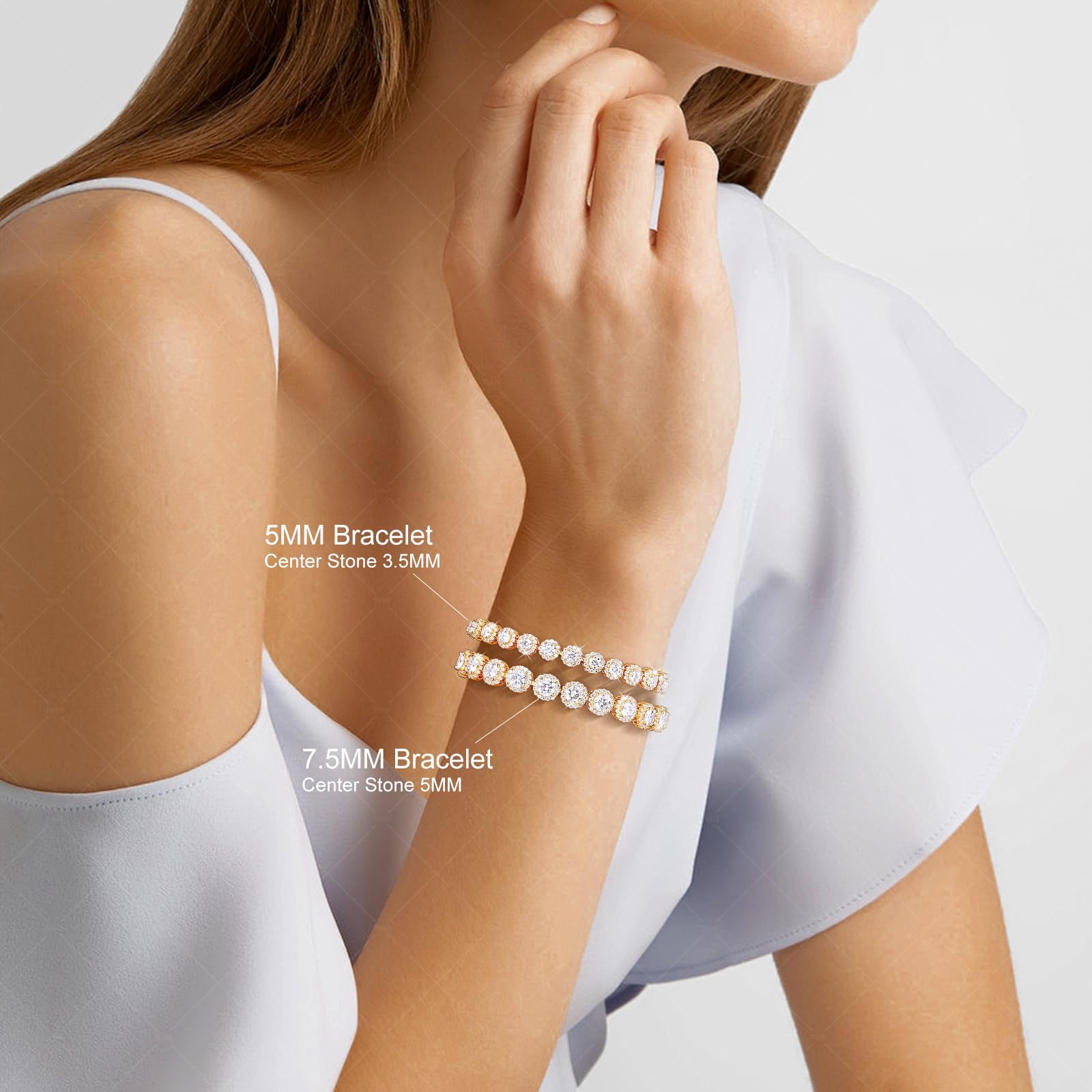 Moissanite Halo Bracelet 4.9CT-8.0CT Lab Grown Moissanite Bracelet for Women 18K White Gold Plated S925 Sterling Silver Adjustable Tennis Bracelet 5MM/7.5MM Iced Out Bracelets Cluster Jewelry