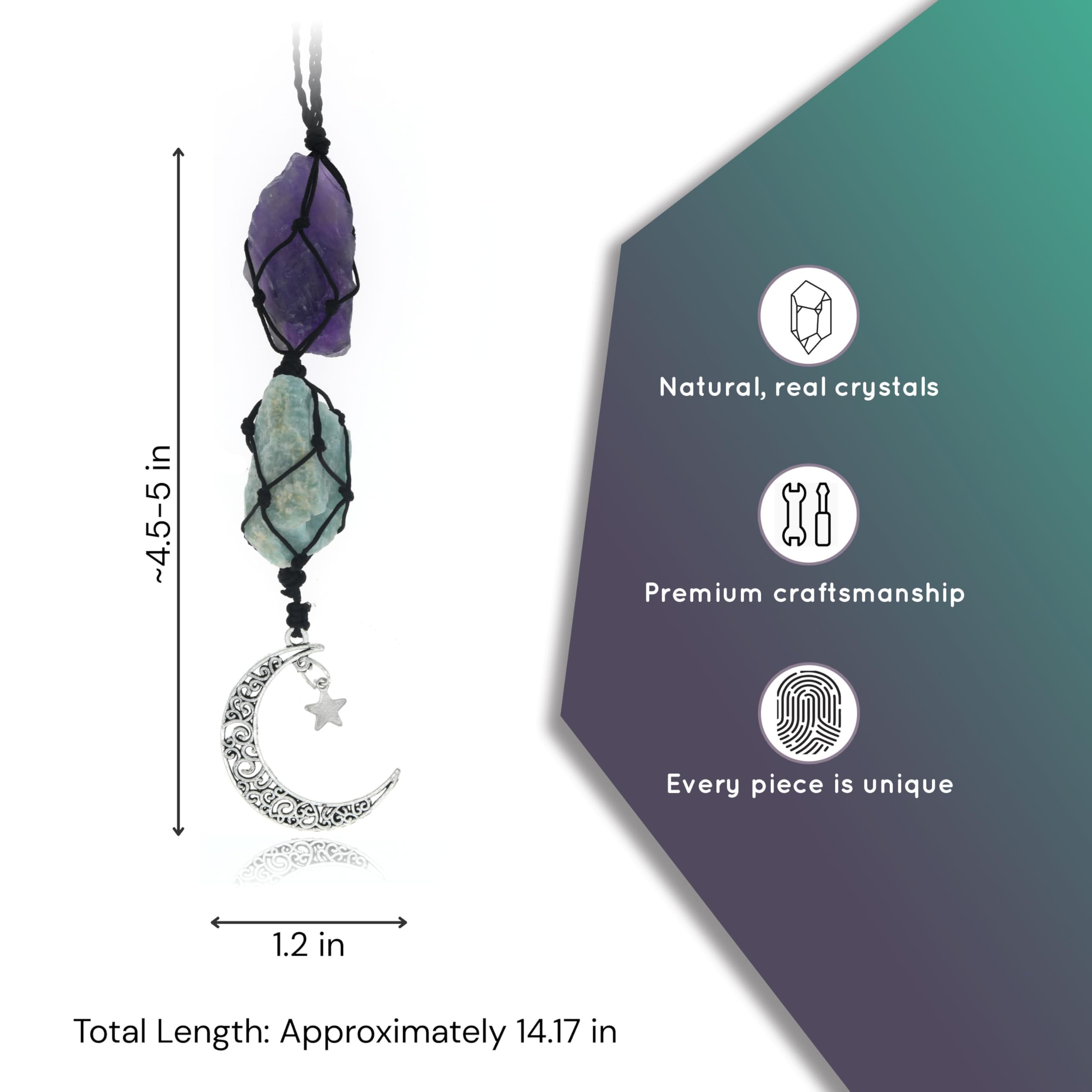 BOHO GARDEN Crystal Hanging Car Charm - Purple Rear View Mirror Hanging Car Accessories for Women, Moon Decor Hanging Ornament, Witchy Gifts and Healing Stones - Rose Quartz & Amethyst