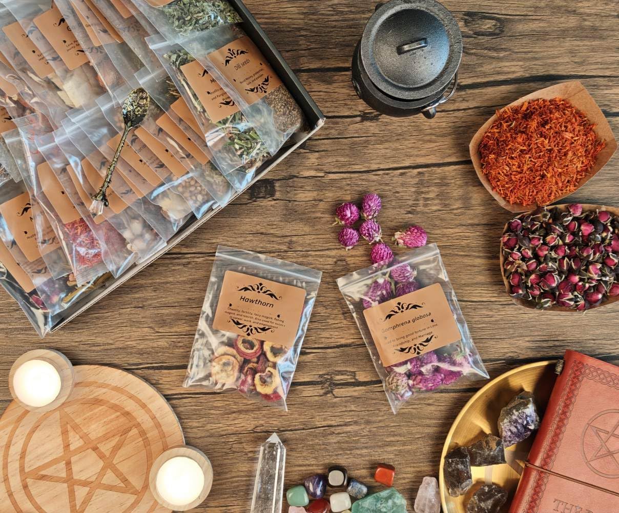 30 Dried Herbs for Witchcraft & Ritual Incense – Magical Kit for Spell Jars, Smudging, Spiritual Healing – Wiccan Altar Supplies & Crystal Spoon