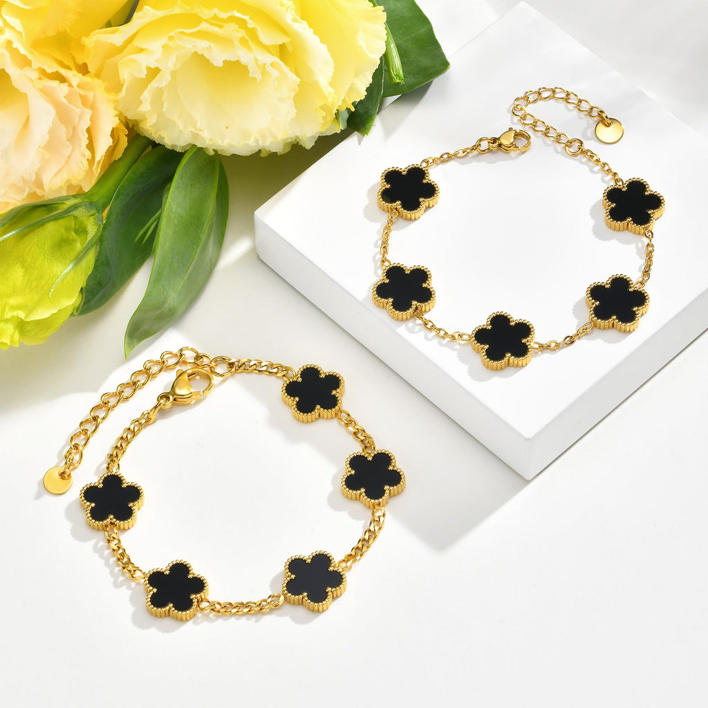 VNOX 2 PCS Floral Bracelets for Men Women -Womens Mens Stainless Steel Gold Cuban Chain Link Bracelet Lucky Charm Four Clover Flower Bracelets Trendy Jewelry Gifts