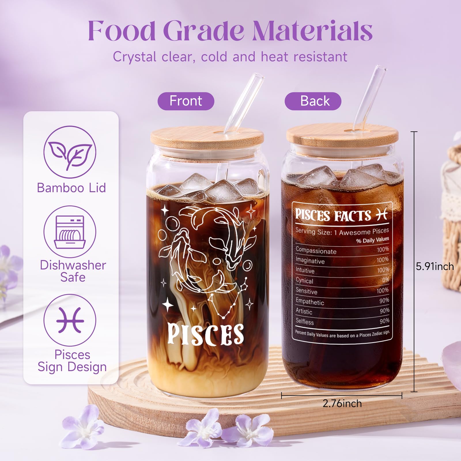 Pisces Birthday Gifts for Women, 12PCS Purple Zodiac Gift Baskets for Women with 16 oz Pisces Glass Cup Candle Mini Jewelry Gift Box, Unique Womens Birthday Gifts for Best Friend, Her, Mom, Sister