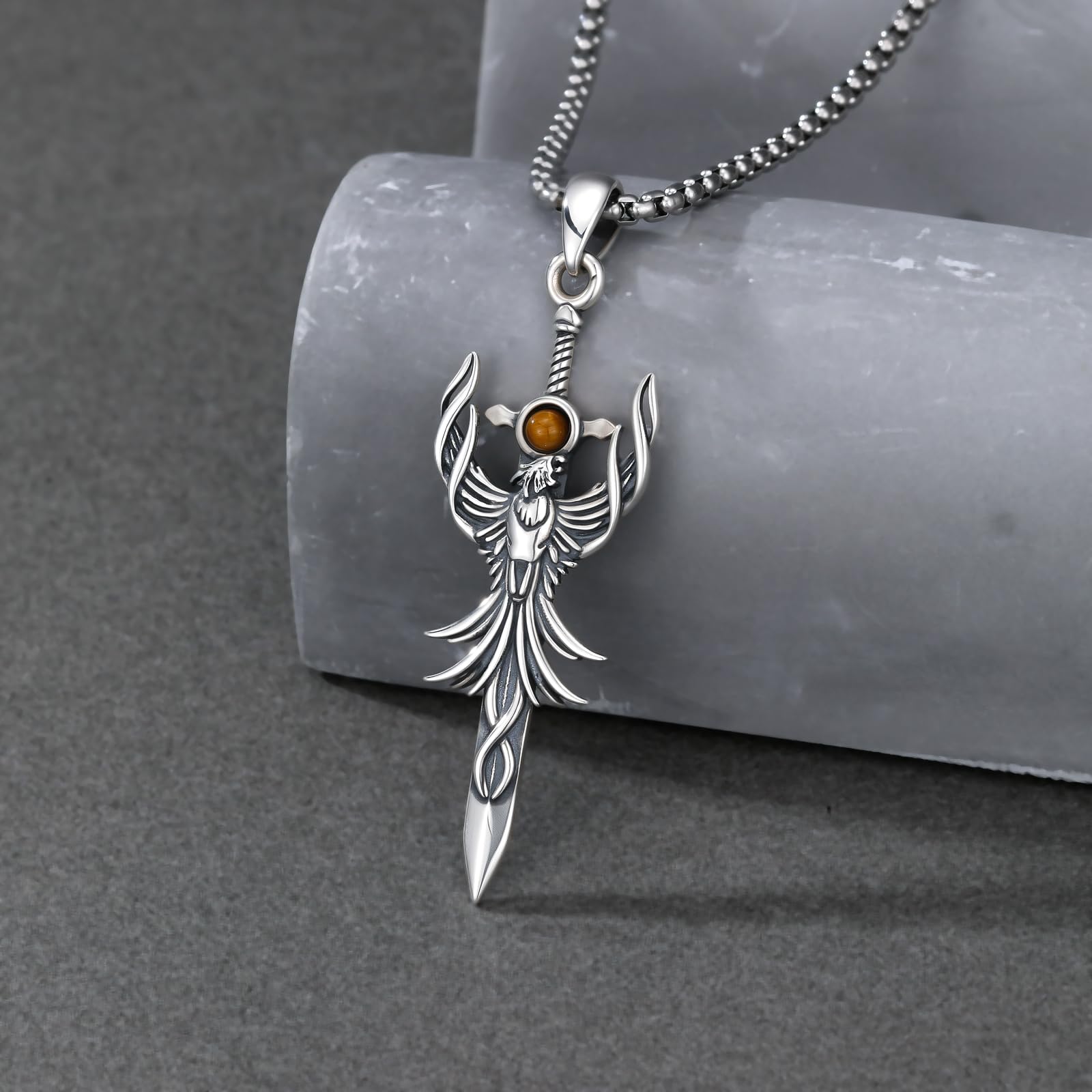 PELOVNY Phoenix Necklace 925 Sterling Silver Shield/Sword/Crystal/Tarot Card/Dog Tag/Cross/Abalone/Axe Pendant Rising Bird Jewelry for Anniversary Birthday Christmas Gifts Men Women