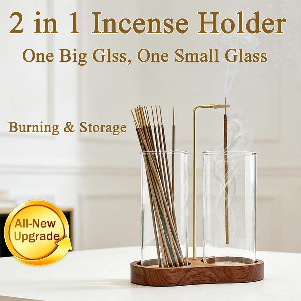 Ceremony Incense Holder, Wooden Incense Holder for Sticks with Glass Ash Catcher, Anti-ash Incense Burner with 20 Incense Sticks and a Ash Brush for Meditation Yoga Spa Room Decor