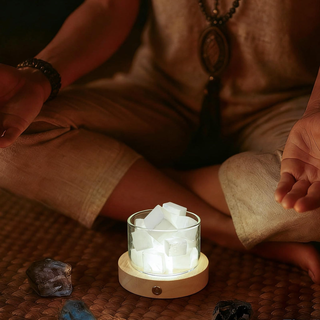 Selenite Crystal Lamp with Wooden Base Selenite Crystals Gift for Women Healing Birthday Meditation Yoga Spiritual Chakra Reiki Energy Cleansing Night Light Home Office Decor