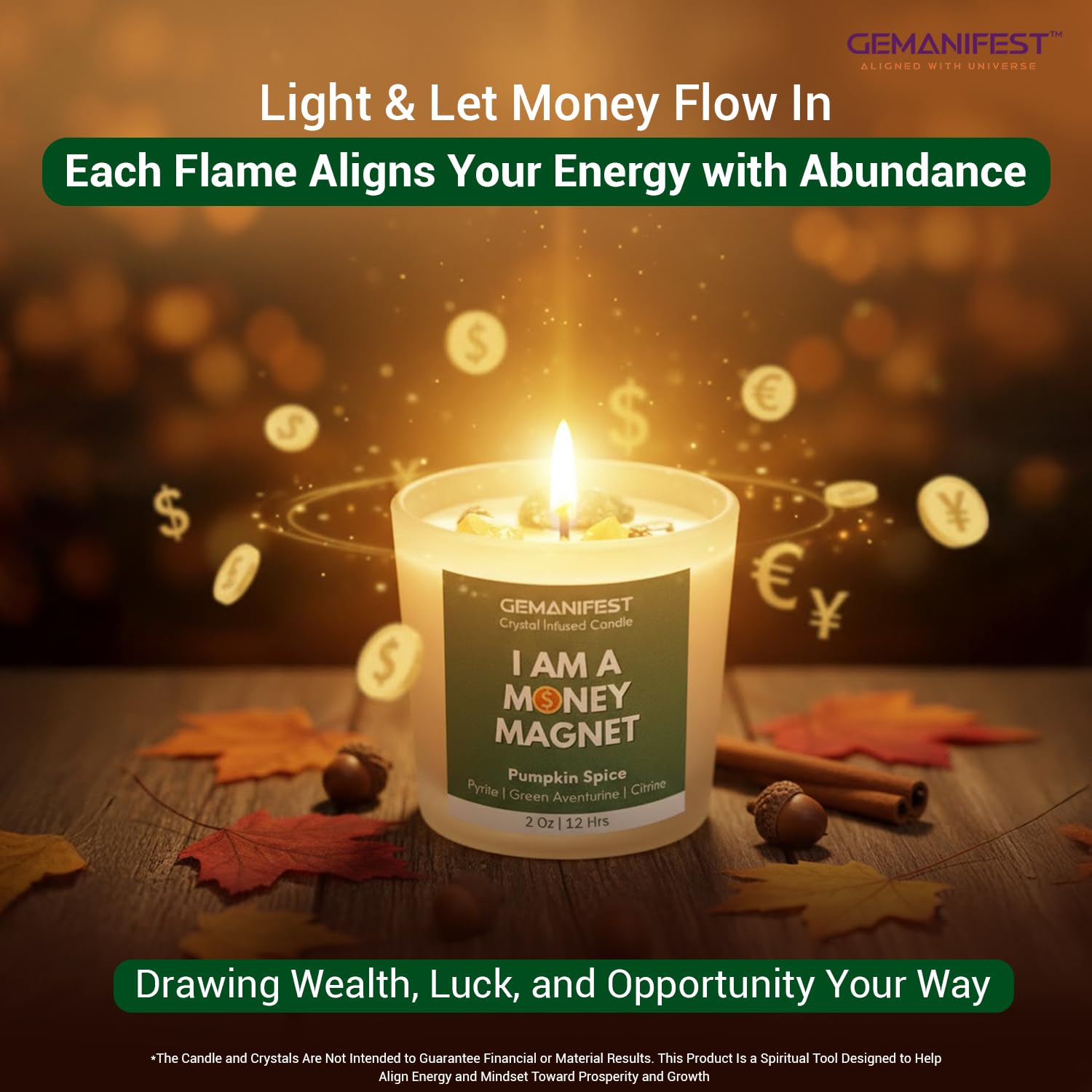 Money Manifestation Candle with Pyrite Bracelet for Wealth Prosperity and Success Pumpkin Spice Soy Candles for Office Home Scented Prosperity Crystal Candle Gifts for Men Women