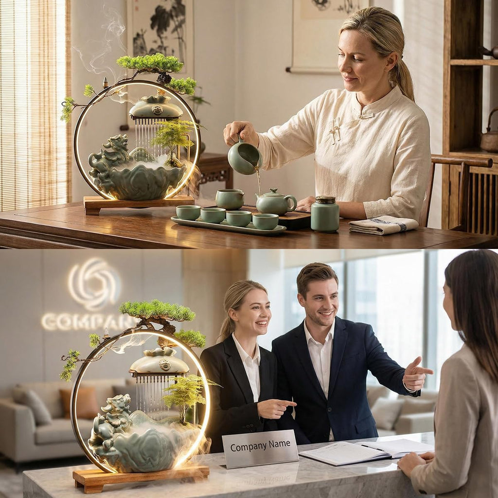 Waterfall Fountain Indoor with Mist, Tabletop Water Fountain,Desk Chinese Ceramic Pixiu Statue with LED Light Ring and Backflow Incense Burner Holder