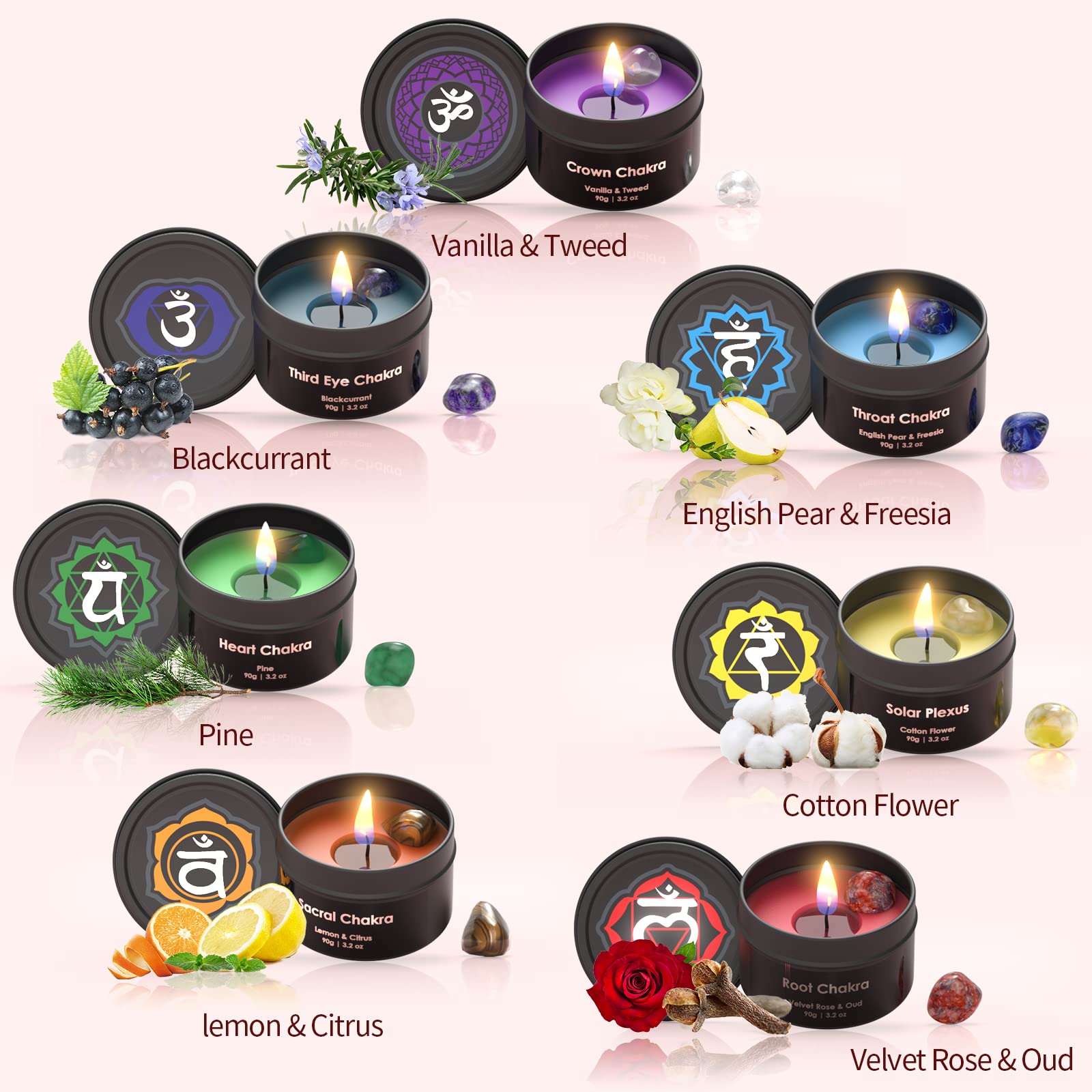 Inspireyes Scented Candles Set with Crystal, 3 Wick Candle 19 oz Soy Wax Aromatherapy Meditation Candles, Large Manifestation Candle with Large Energy Stones, Birthday Gifts for Women