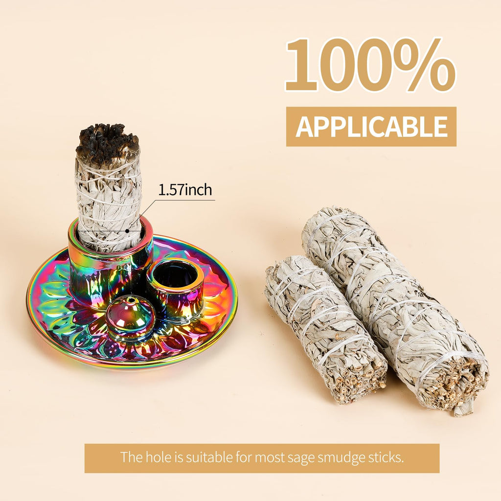 Handmade Ceramic Incense Burner for Palo Santo Incense Sticks, 4 in 1 Multi-Purpose Sage Holder for Burning, Ash Catcher Tray for Meditation Yoga Room (Golden)