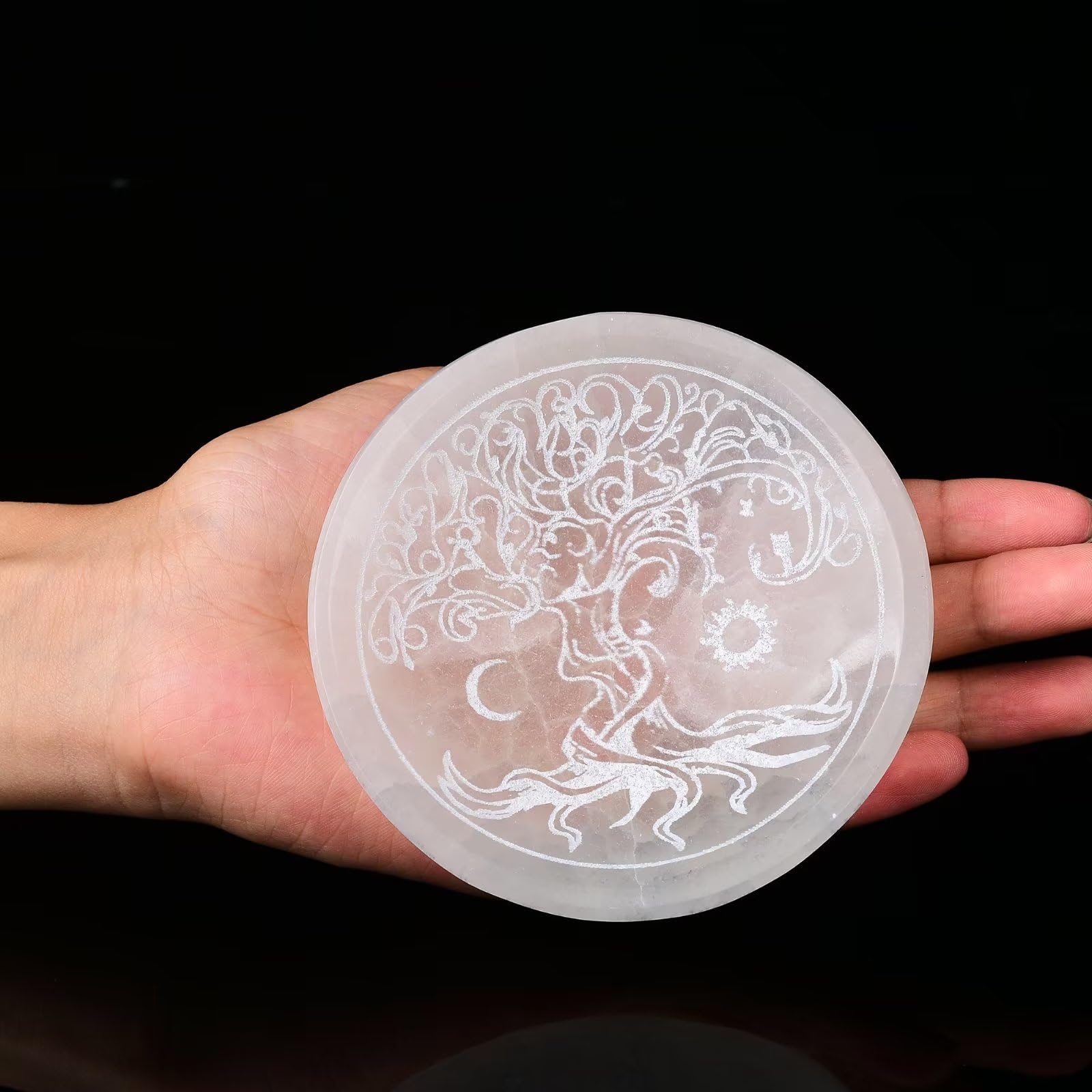 AMOYSTONE Natural Selenite Charging Bowl with Mandala Engraving 3.5-4'' Energy Cleansing Crystal Plate for Healing Meditation and Spiritual Home Decor
