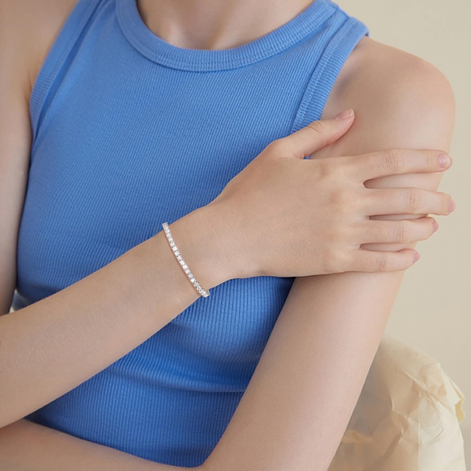 Moissanite Tennis Bracelet 1.79ct-8.69ct Adjustable Bracelet for Women 18K White Gold Plated S925 Sterling Silver Tennis Bracelet D Color VVS1 Round Cut 2/3/4mm Moissanite Bracelet Gifts for Wife/Mom