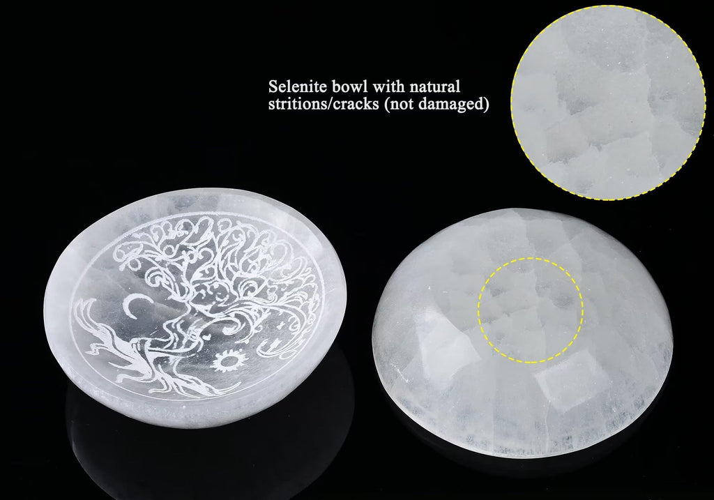 AMOYSTONE Natural Selenite Charging Bowl with Mandala Engraving 3.5-4'' Energy Cleansing Crystal Plate for Healing Meditation and Spiritual Home Decor