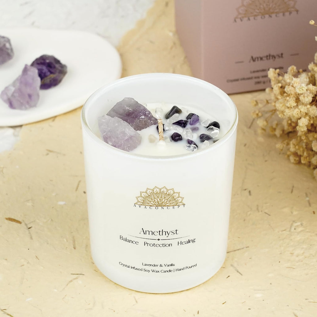 AVACONCEPT Crystal Infused Soy Wax Candle Gift Set Aromatherapy Scented Candles with Healing Crystals Natural Hand-Poured Luxury for Relaxation & Home Décor (Sunstone & Amethyst & Amazonite)
