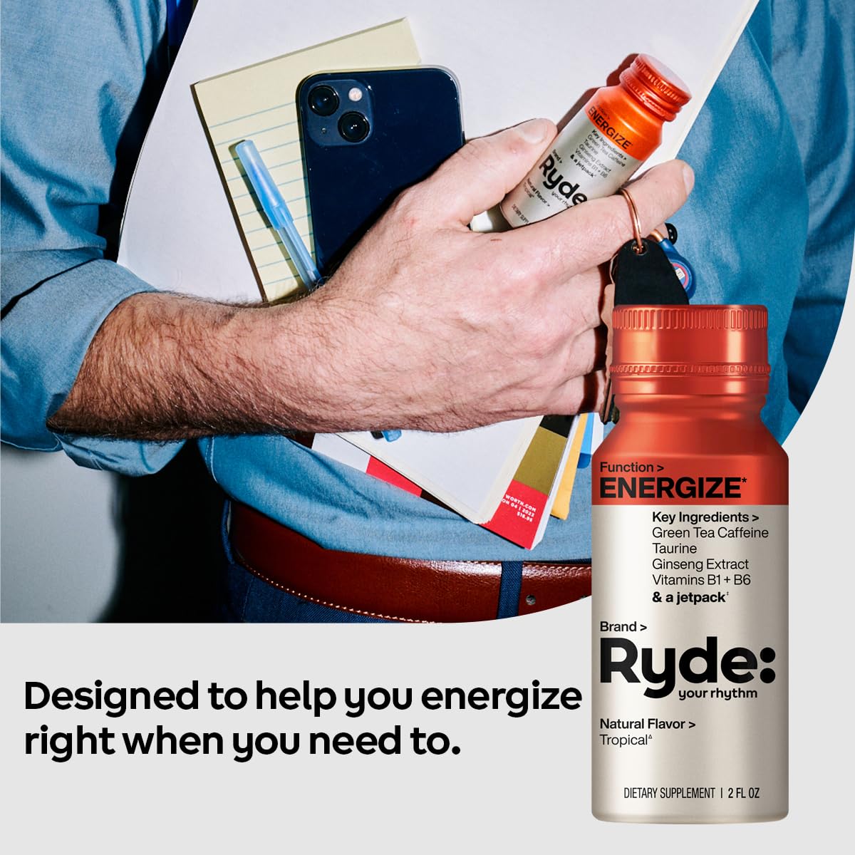 Ryde: Energize Shot | Tropical Flavor | Green Tea Caffeine, Taurine, Ginseng Extract & B Vitamins | 0 Calories, 0 Sugar | 2 FL OZ Shots | Boosts energy* (8 Pack)