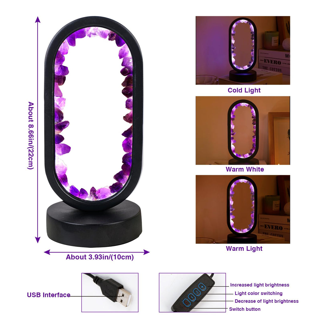 Runyangshi Amethyst Night Lamp 8.6" Natural Healing Crystal Bedside Lamp USB Port 3 Colours Dimming Mode Bedroom Lamp Suitable Night Light for Living Room Bedroom Office Home Decor Ideal Gift