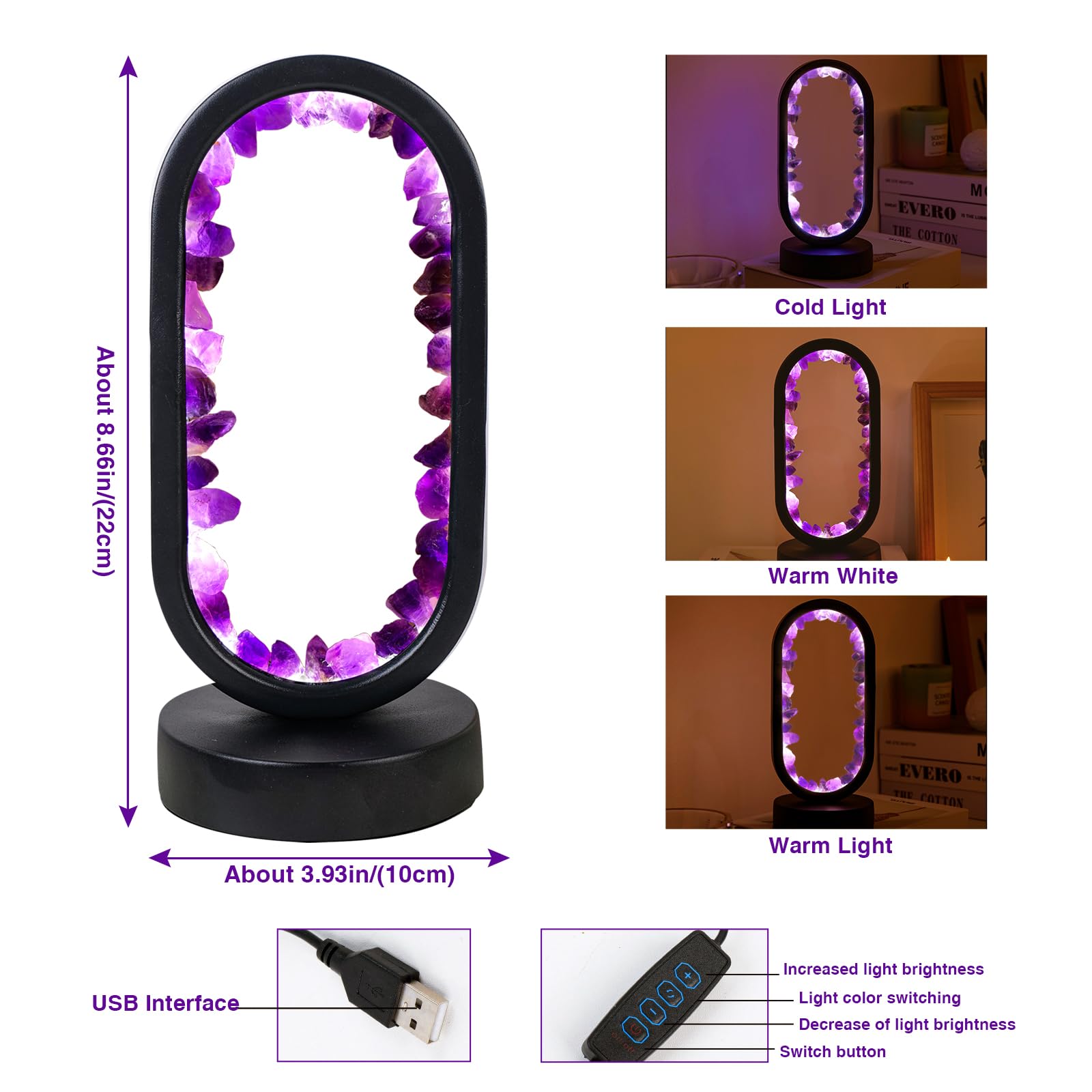 Runyangshi Amethyst Night Lamp 8.6" Natural Healing Crystal Bedside Lamp USB Port 3 Colours Dimming Mode Bedroom Lamp Suitable Night Light for Living Room Bedroom Office Home Decor Ideal Gift