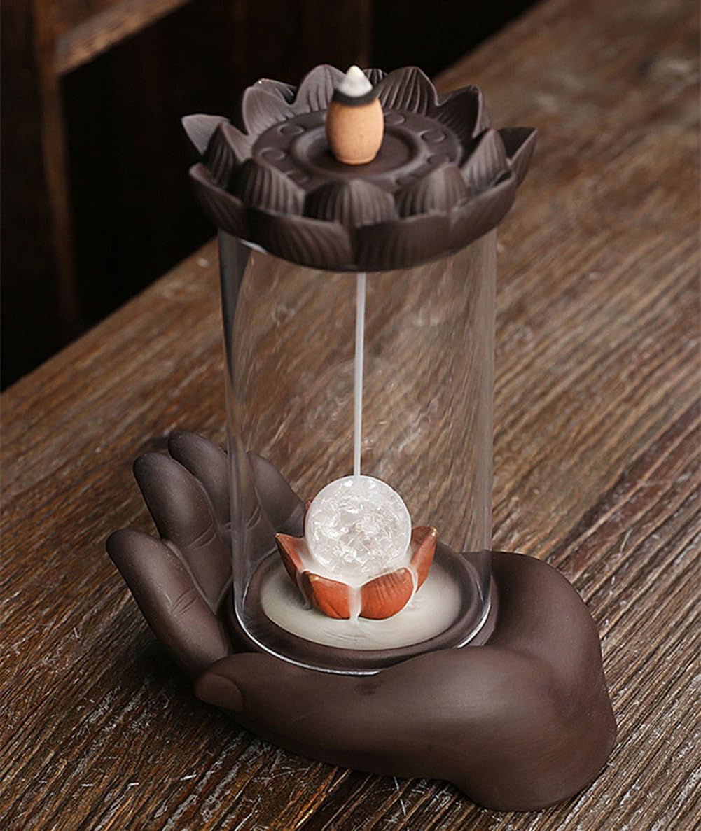 Purple Sand Smoke Waterfall Backflow Incense Burner Creative Windshield Buddha Hand Lotus LED Lamp Aroma Censer Holder for Home Yoga Room Decoration (LED)