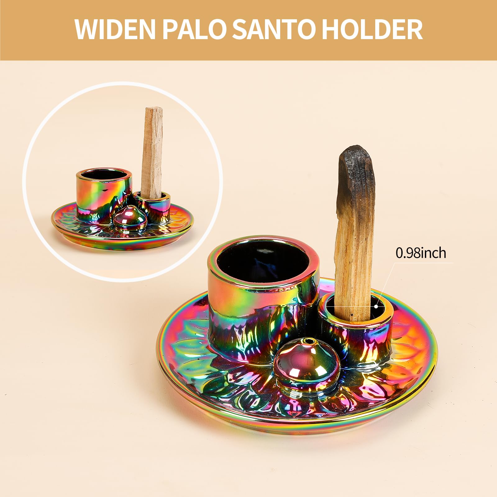 Handmade Ceramic Incense Burner for Palo Santo Incense Sticks, 4 in 1 Multi-Purpose Sage Holder for Burning, Ash Catcher Tray for Meditation Yoga Room (Golden)
