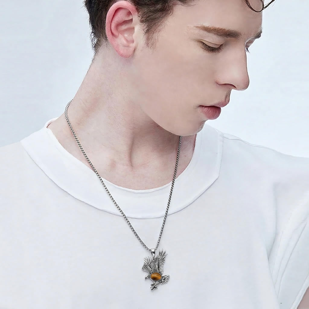 Eagle Necklace for Men 925 Sterling Silver Real Gemstone Vintage Hawk Pendant Western Viking Animal Jewelry Gifts for Father