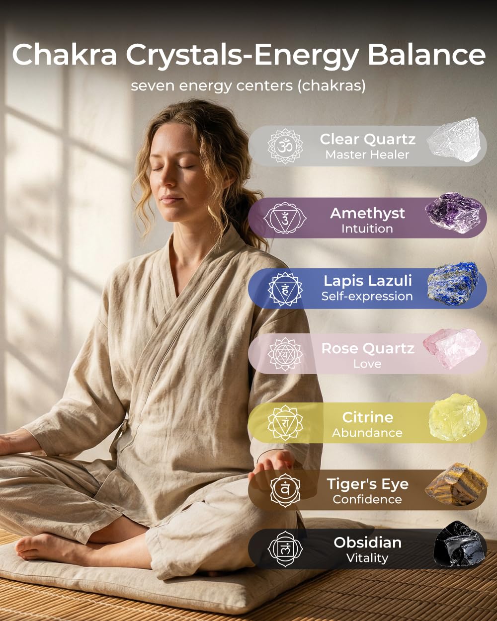 Crystals and Healing Stones, 9 Pcs Healing Crystals Set, 7 Chakra Crystal Stones Set Real Natural Selenite Pyramid Reiki Raw Rock Energy Protection Meditation with Wooden Box, Crystal Gifts for Women