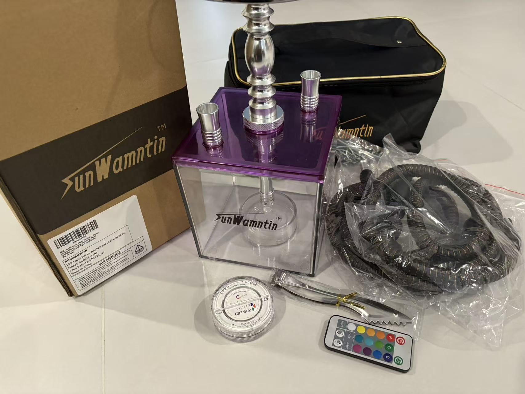 2 Hose Large Cloud Production Acrylic Hookah Set with Everything, Travel Kit with LED Hookah Machine for Shisha Smoking Experience（Black）