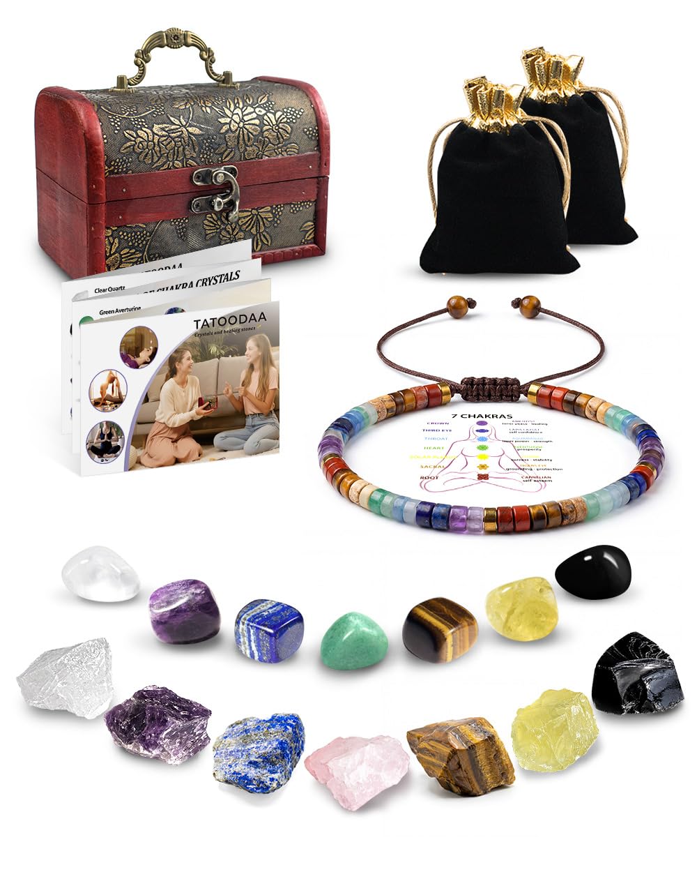 Crystals and Healing Stones, 9 Pcs Healing Crystals Set, 7 Chakra Crystal Stones Set Real Natural Selenite Pyramid Reiki Raw Rock Energy Protection Meditation with Wooden Box, Crystal Gifts for Women