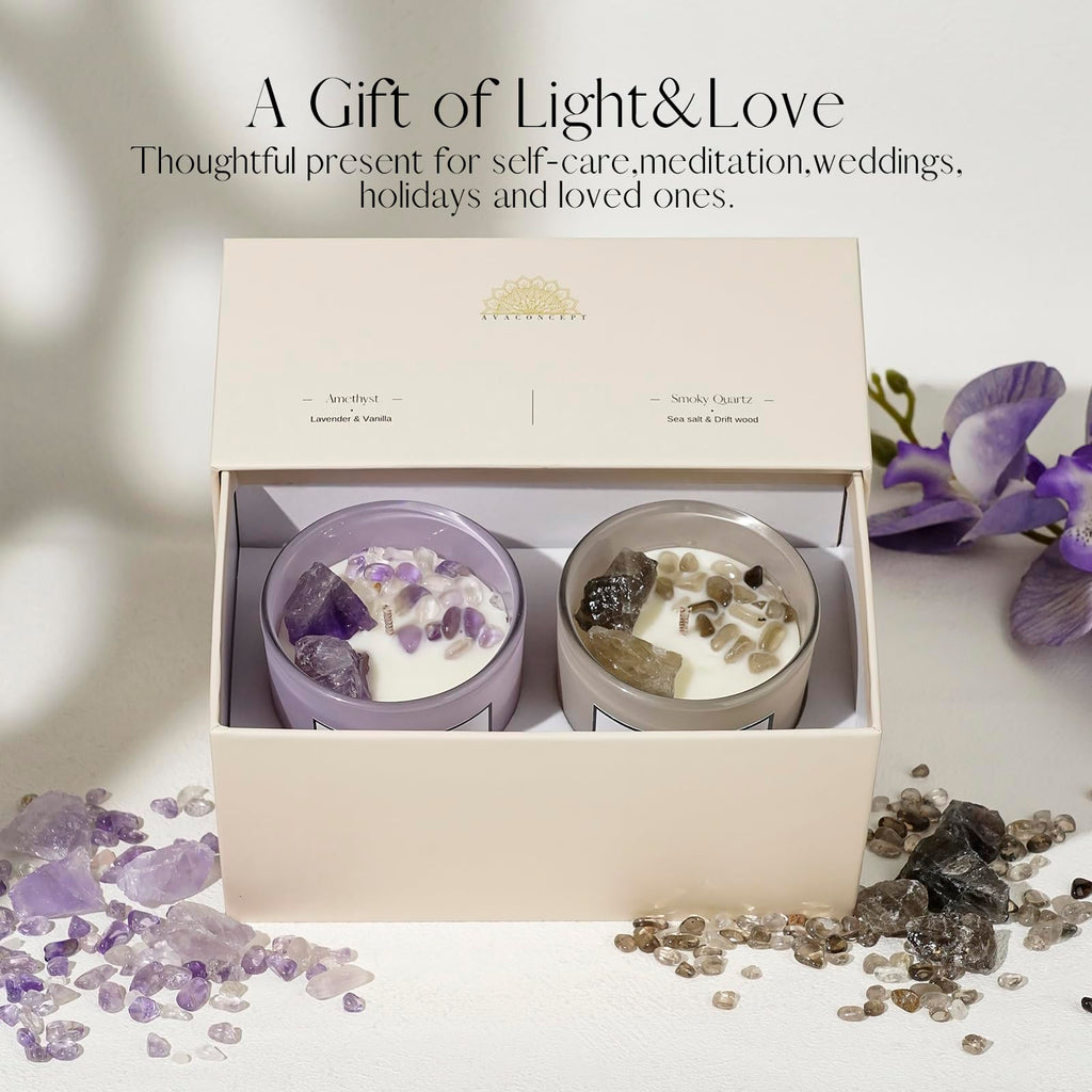 AVACONCEPT Crystal Infused Soy Wax Candle Gift Set Aromatherapy Scented Candles with Healing Crystals Natural Hand-Poured Luxury for Relaxation & Home Décor (Sunstone & Amethyst & Amazonite)